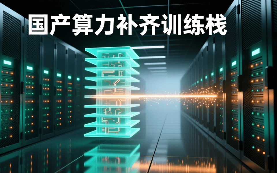 数据中心冷通道纵深画面,两侧为无标签的深色网孔机柜与青绿、琥珀色指示灯,画面中央悬浮一组由多层发光薄板堆叠构成的半透明软件栈剖面,一条横向数据流光带自栈体右侧穿出并逸散为光粒子,顶部深色底上有一行白色中文标题 国产算力补齐训练栈