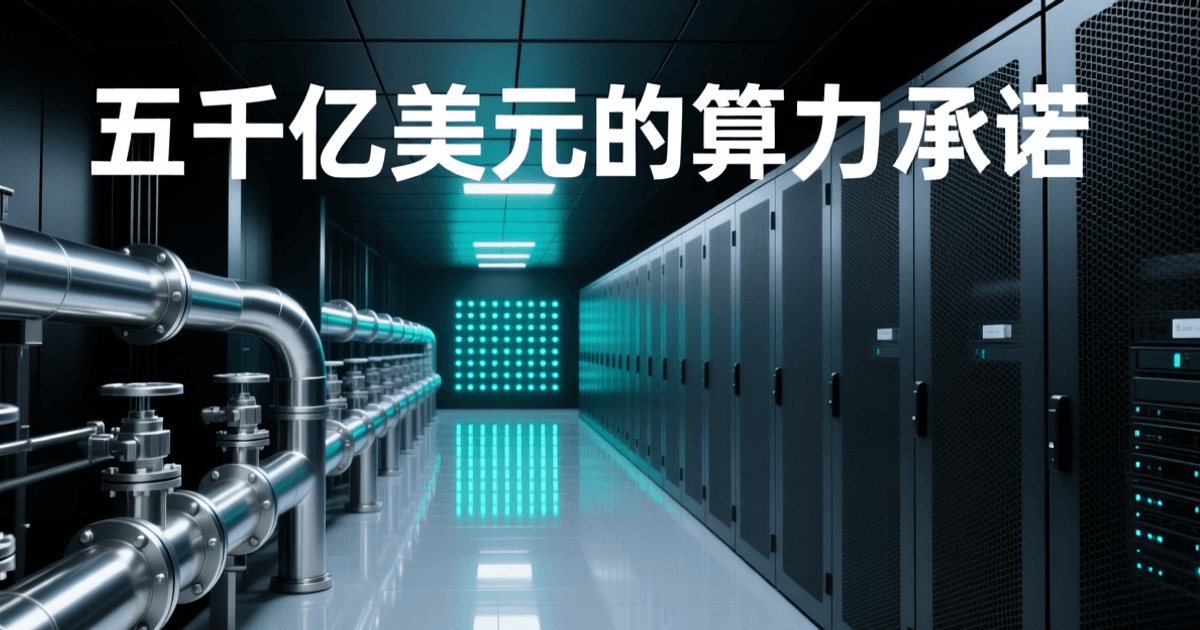 液冷数据中心机房内部,前景金属管道与阀门,中景成排机柜纵深延伸,顶部居中为白色中文标题「五千亿美元的算力承诺」