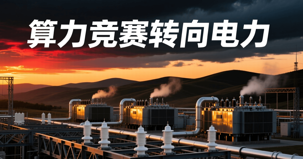 黄昏变电站场景,前景金属构架与绝缘子,中景变压器阵列与冷却管道,远景层叠丘陵与积云逆光,顶部居中为白色中文标题「算力竞赛转向电力」