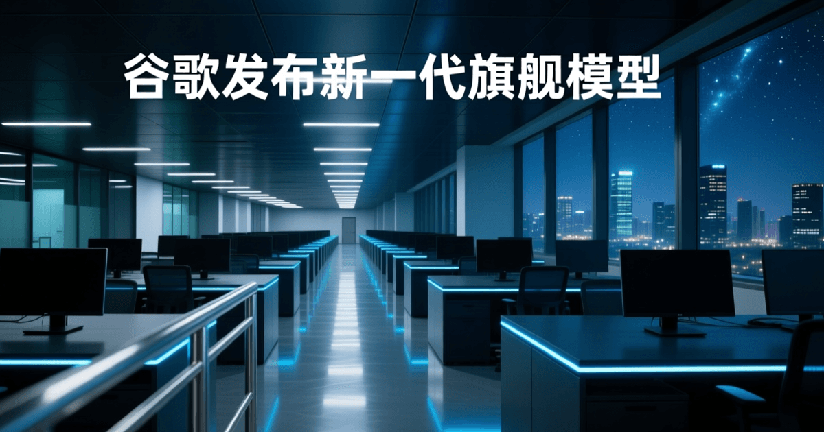 深夜深蓝调的开放式软件研发办公区,成排深色工作台与背对镜头的显示器,蓝色灯带与抛光地面反光,尽头落地窗外是城市夜空;顶部居中为白色中文大标题 谷歌发布新一代旗舰模型
