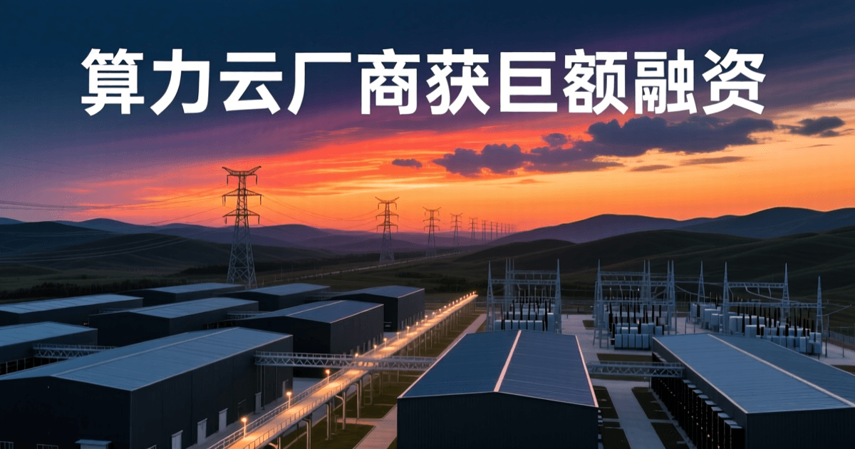 黄昏时分的算力数据中心园区高空俯瞰,成排深色厂房式数据中心与冷却塔、架空光缆走廊与变电站,中景高压输电铁塔延伸向远处,远景为丘陵与大范围火烧云;顶部居中为白色中文大标题 算力云厂商获巨额融资