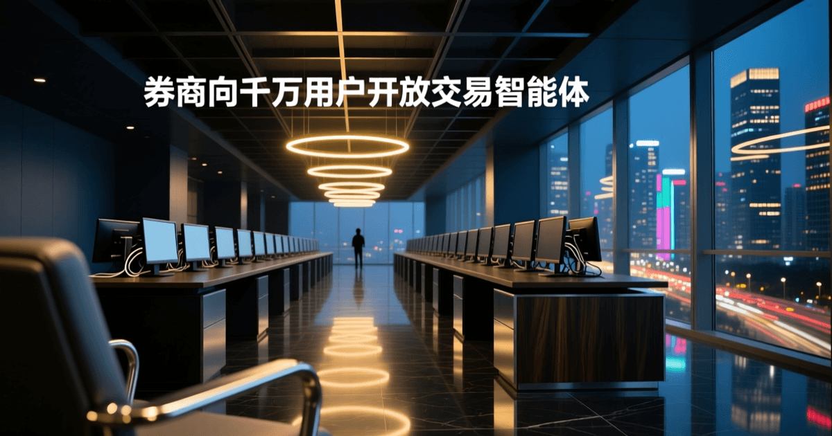 夜间深色石材地面的现代金融交易大厅,近景虚化座椅,中景成排交易工作台与背对镜头的多联显示器,远景挑高天花与环形灯带、落地窗外城市夜景灯火;顶部居中为白色中文大标题 券商向千万用户开放交易智能体