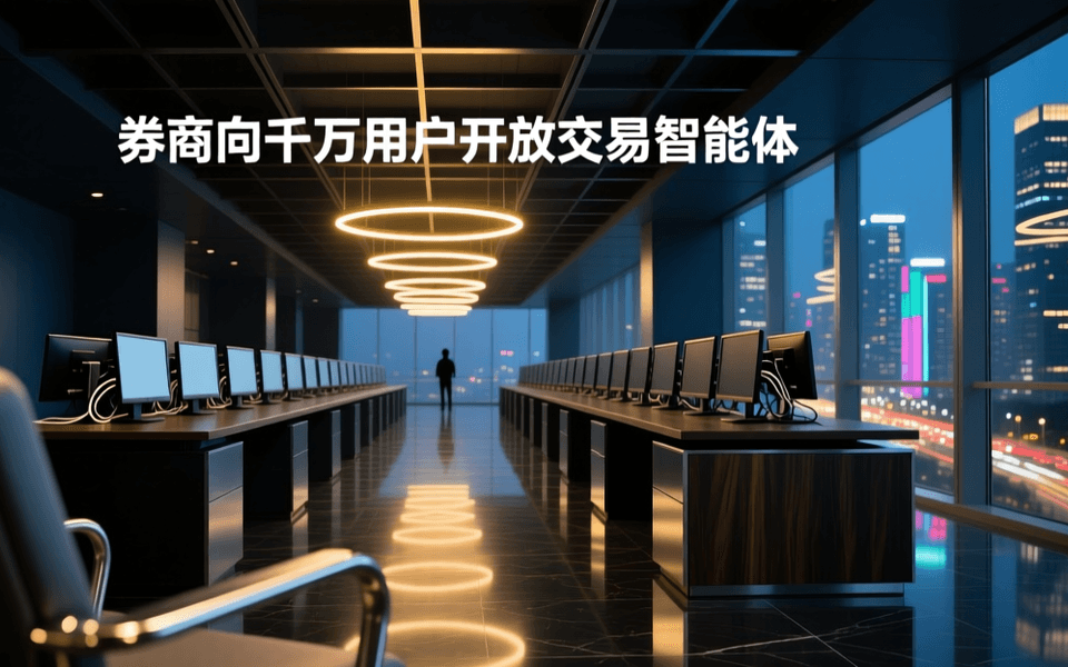 夜间深色石材地面的现代金融交易大厅,近景虚化座椅,中景成排交易工作台与背对镜头的多联显示器,远景挑高天花与环形灯带、落地窗外城市夜景灯火;顶部居中为白色中文大标题 券商向千万用户开放交易智能体
