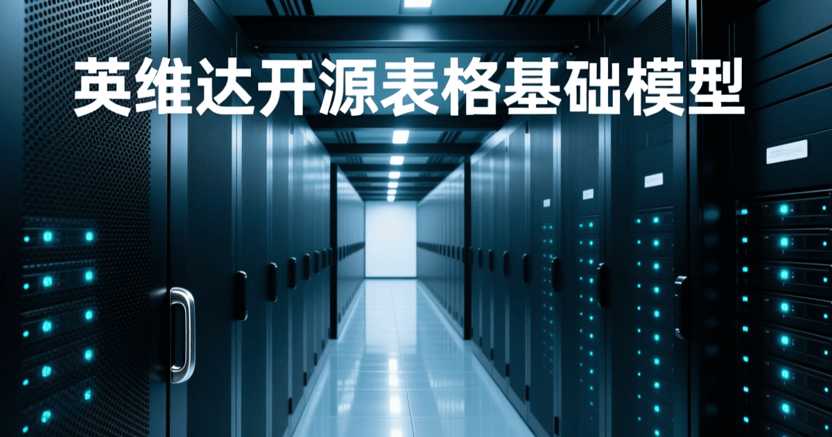 深蓝冷色调的存储阵列机房冷通道,两侧成排深色网孔柜门机柜与成列青色指示灯,通道延伸至画面深处,抛光地面倒映灯光;顶部居中为白色中文大标题 英伟达开源表格基础模型