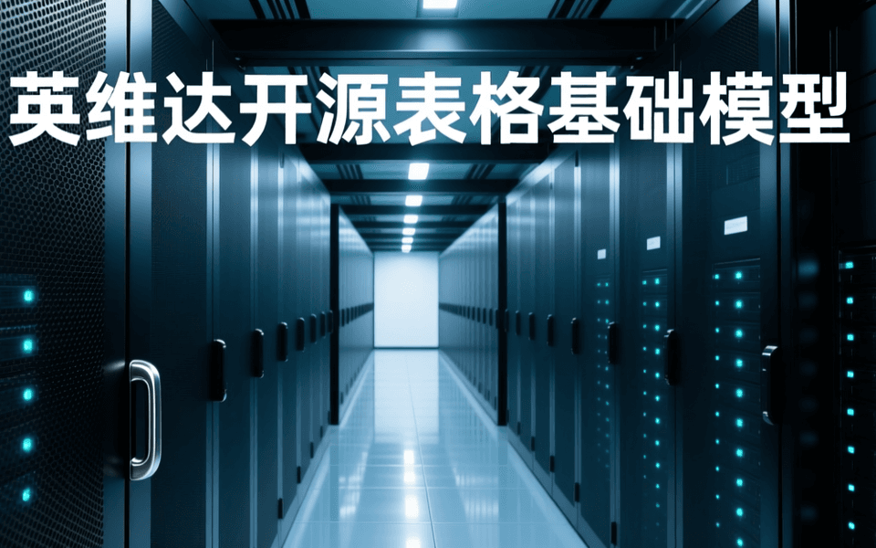 深蓝冷色调的存储阵列机房冷通道,两侧成排深色网孔柜门机柜与成列青色指示灯,通道延伸至画面深处,抛光地面倒映灯光;顶部居中为白色中文大标题 英伟达开源表格基础模型
