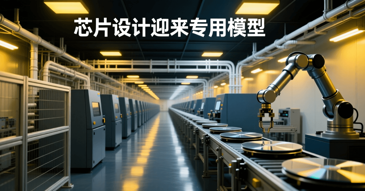 暖黄光的半导体洁净室,成排深色设备机台沿传送轨道延伸,右侧悬臂机械臂搬运圆形晶圆载具,顶部密布管线与黄色灯具;顶部居中为白色中文大标题 芯片设计迎来专用模型