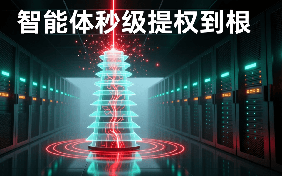 数据中心冷通道内,中央悬浮着一座由多层发光薄板堆叠而成的半透明层级塔,一道赤红色数据流自塔底贯穿至塔顶并在顶端逸散为发光粒子,塔体外围环绕多层同心光环;两侧是成排深色网孔机柜,面板上只有青绿色与琥珀色指示灯,抛光地面映出倒影,远处机柜层层叠入薄雾;画面顶部深色天花板底上有一行白色中文标题「智能体秒级提权到根」