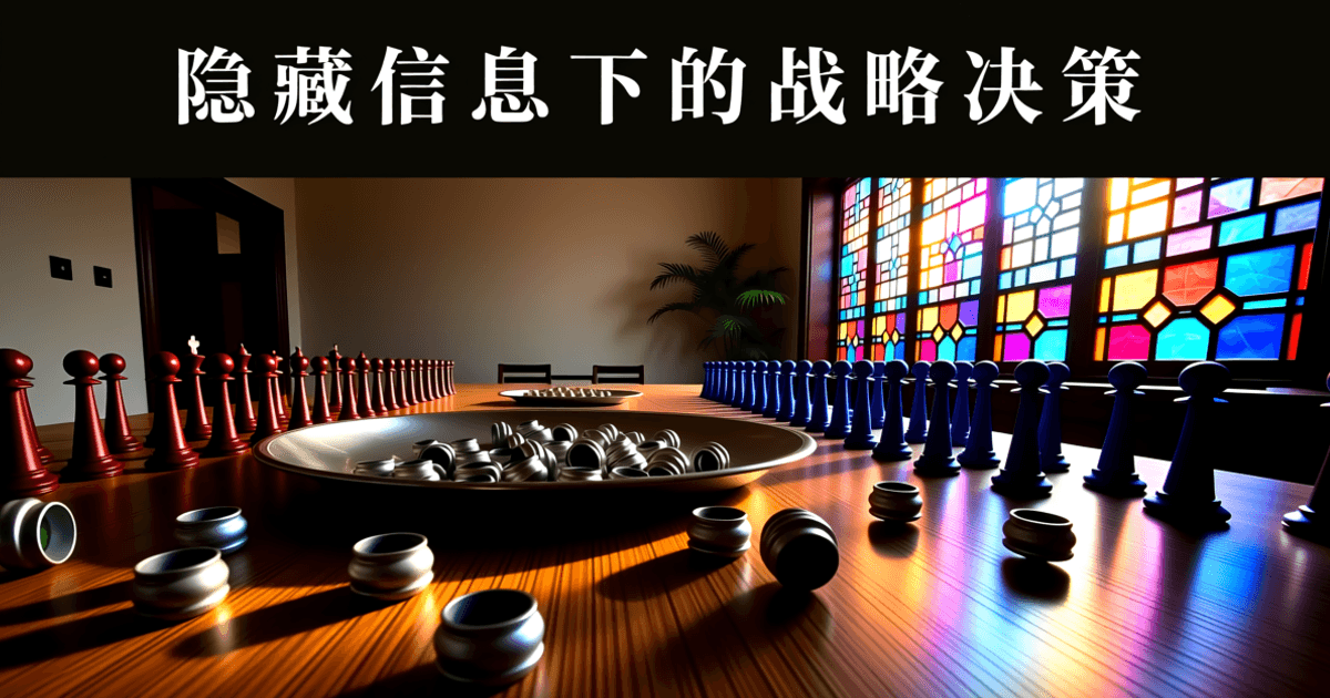 棋类对局示意:深色桌面上排列的圆形棋子矩阵与对弈推演光线,顶部为深色底白色中文标题