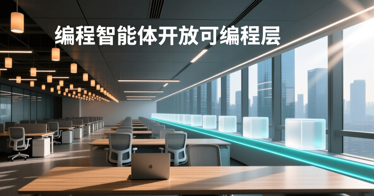明亮开放式研发办公区中,沿发光导轨排布的半透明模块方块,象征可插拔的智能体扩展层