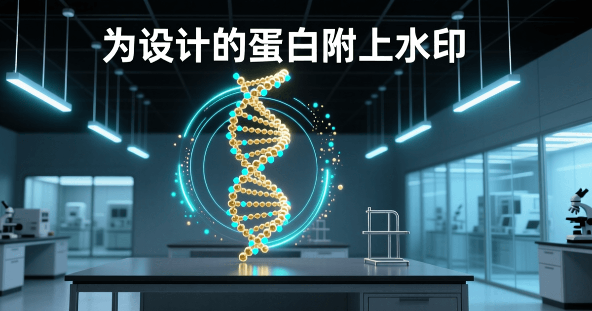 实验室中悬浮的发光蛋白链螺旋结构,链身散布细密发光标记点,象征嵌入生物序列的可验证水印