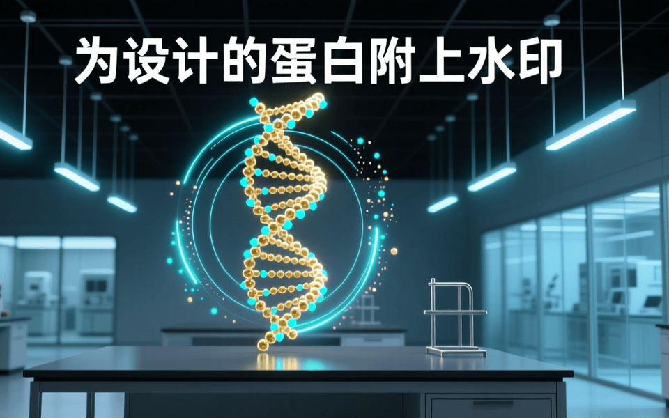 实验室中悬浮的发光蛋白链螺旋结构,链身散布细密发光标记点,象征嵌入生物序列的可验证水印
