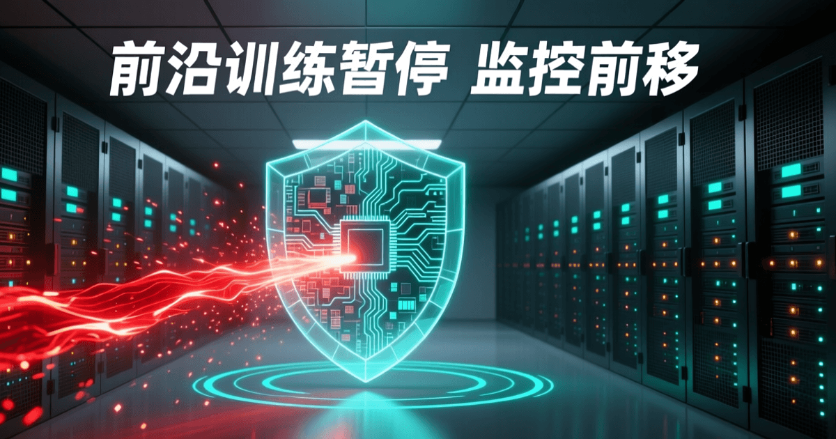 数据中心冷通道走廊中央悬浮一面内部为芯片晶格与电路纹理的青色发光盾牌,一道赤红数据流自左侧射向盾面并被折射成发光粒子,周围环绕多层青色同心光环,顶部深色吊顶上是一行白色中文标题 前沿训练暂停 监控前移