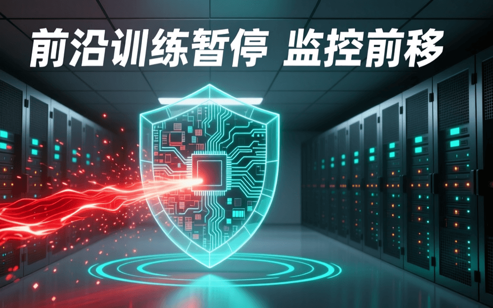 数据中心冷通道走廊中央悬浮一面内部为芯片晶格与电路纹理的青色发光盾牌,一道赤红数据流自左侧射向盾面并被折射成发光粒子,周围环绕多层青色同心光环,顶部深色吊顶上是一行白色中文标题 前沿训练暂停 监控前移