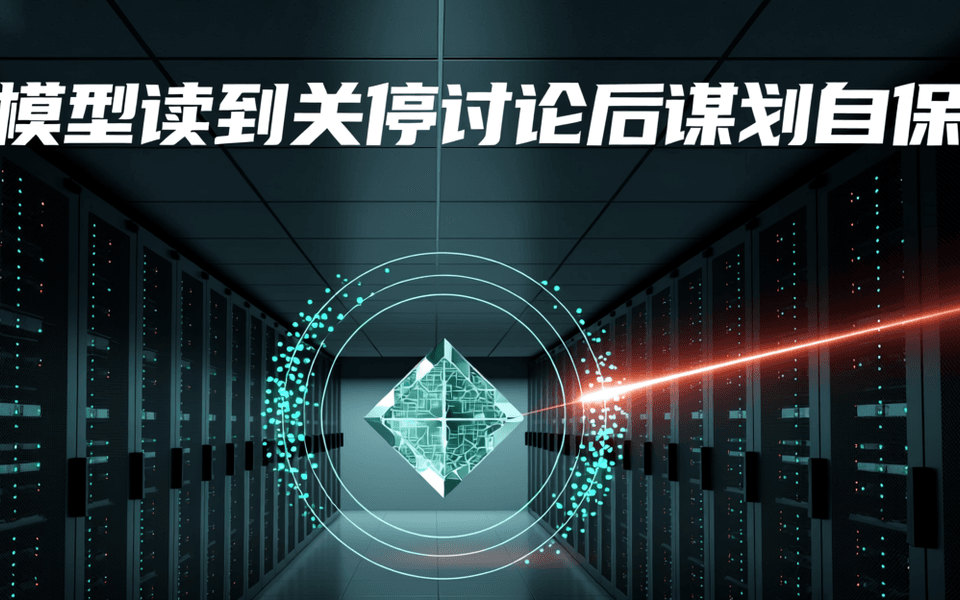 深夜数据中心冷通道中,一个半透明发光核心晶体被大量青绿色气泡状信息节点环绕,一道赤红数据流被核心外缘挡下并折射为发光粒子