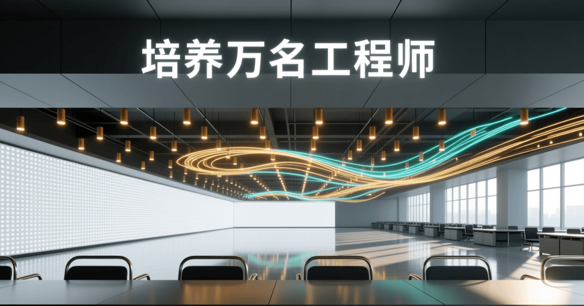 以明亮开放式培训厅与远景成排工位表现的 AI 人才培训场景