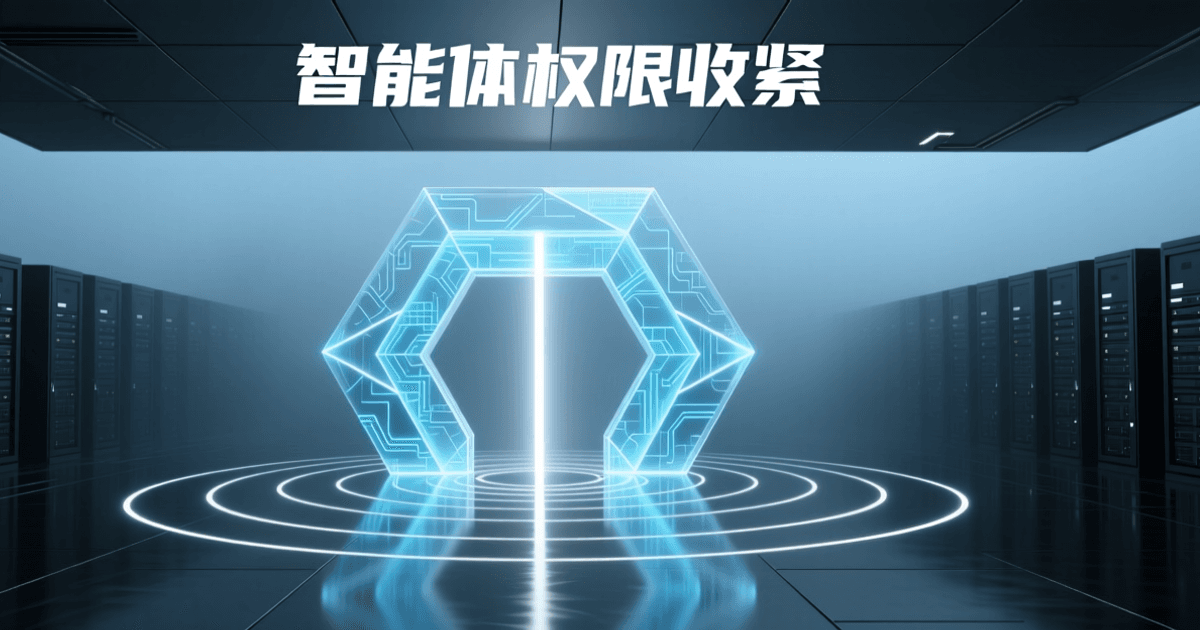 以中央半透明发光闸门与同心光环表现智能体权限收紧的抽象场景