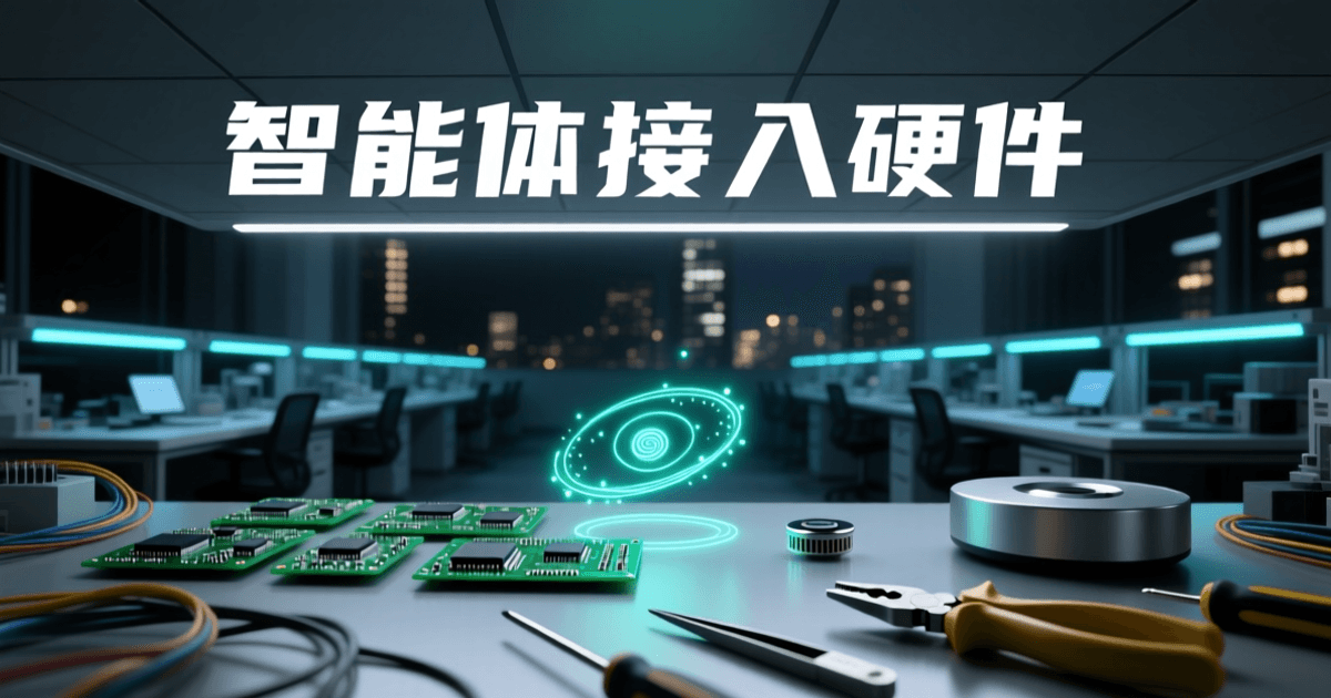 以工作台上的开发板、传感器模块与发光连接网络表现的智能体自制硬件开发场景