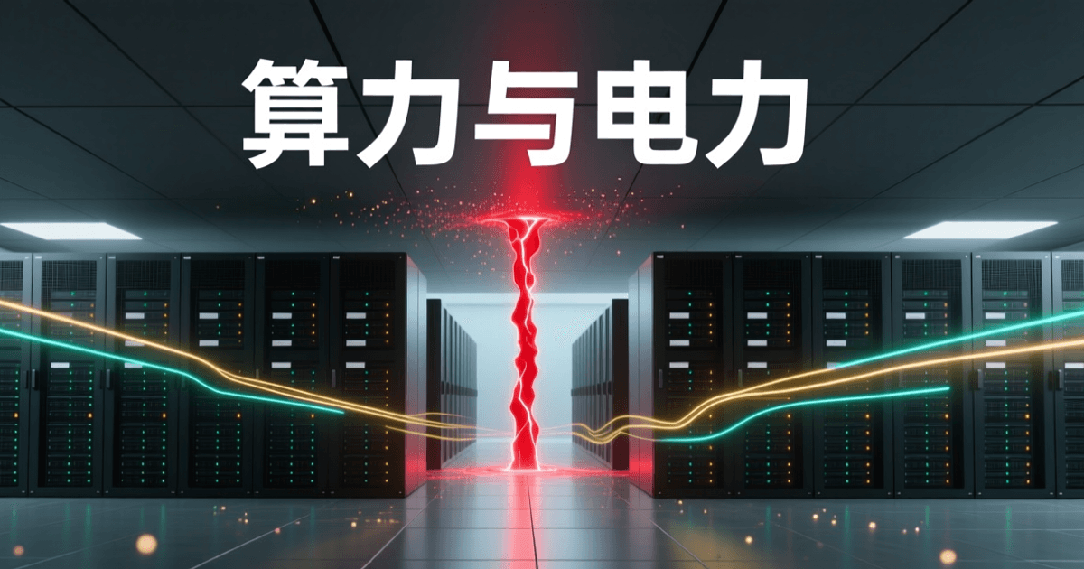 以成排数据中心机房与横贯画面的电力光流表现的 AI 基础设施资本布局