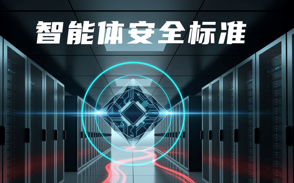 以数据中心机柜走廊中央的发光防护屏障与安全节点网络表现的智能体安全标准与合规