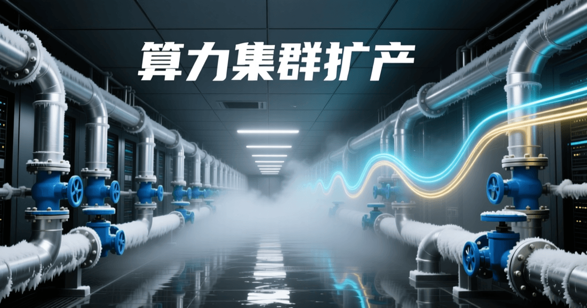 液冷机房内部,密集银色冷却回路管道与蓝色阀门构成纵深走廊,管道表面结霜、冷雾弥漫