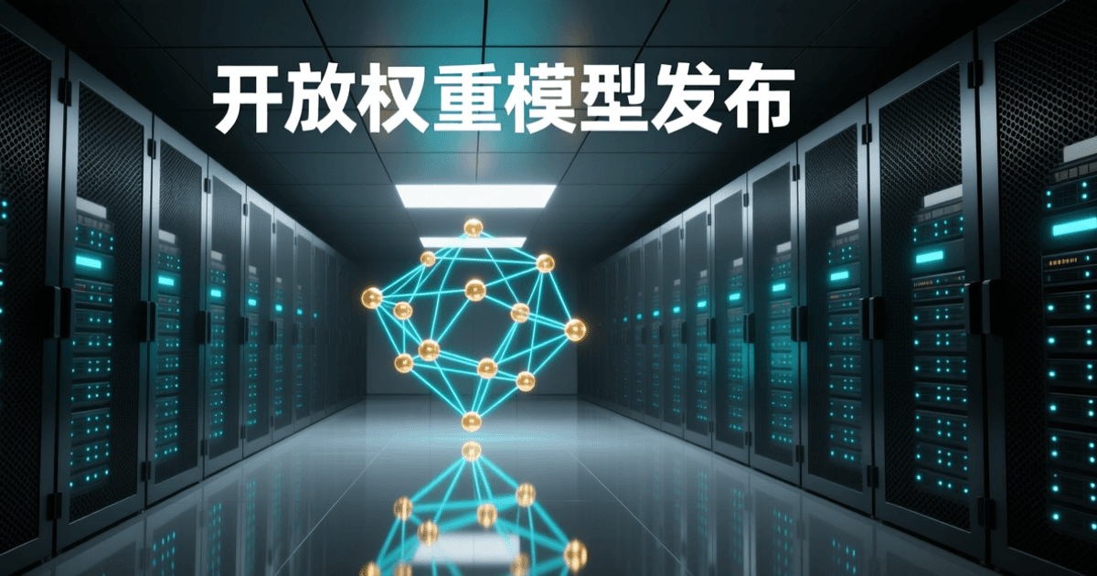 数据中心冷通道纵深场景,两侧成排网孔机柜与青色指示灯,画面中景悬浮由发光节点构成的三维网络结构