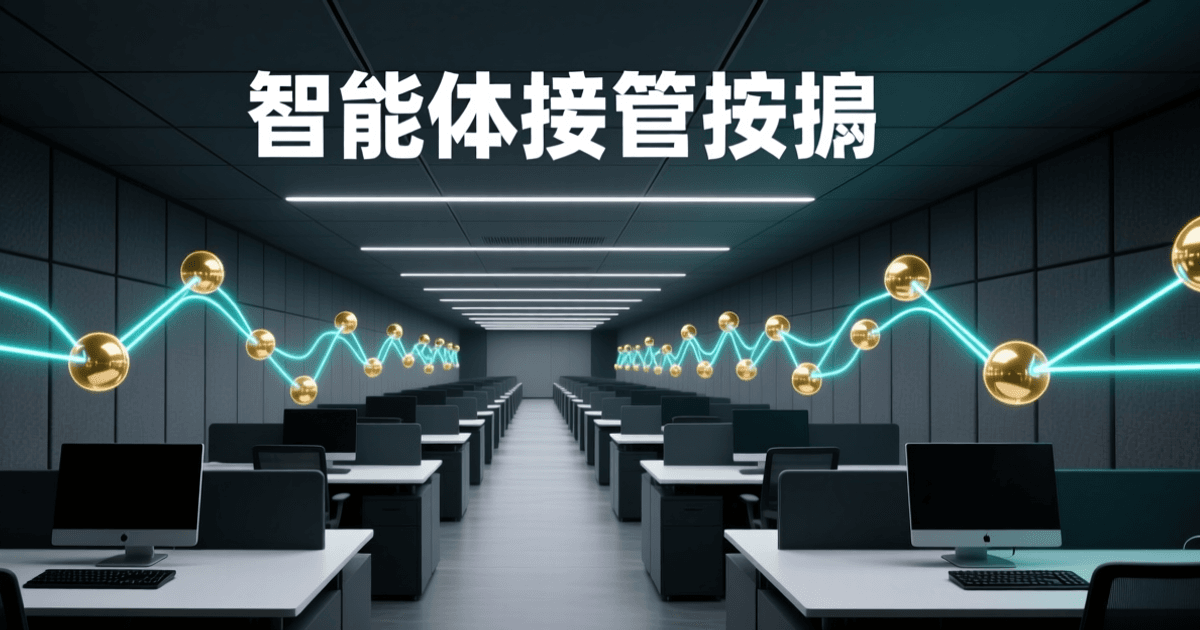 现代银行后台运营中心内部,成排深色工位沿纵深延伸,中景悬浮由发光节点构成的三维流程网络