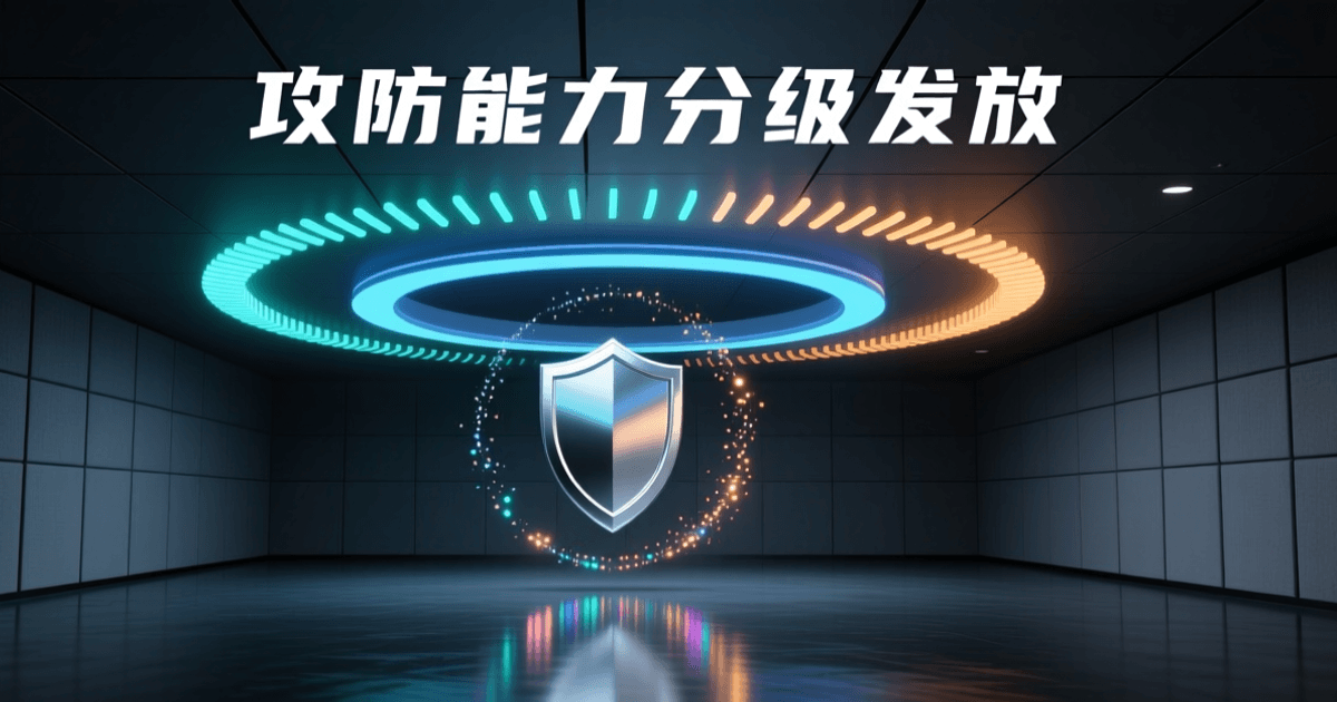深色安全运营中心中悬浮的三层同心发光圆环,最内层为银色盾牌轮廓