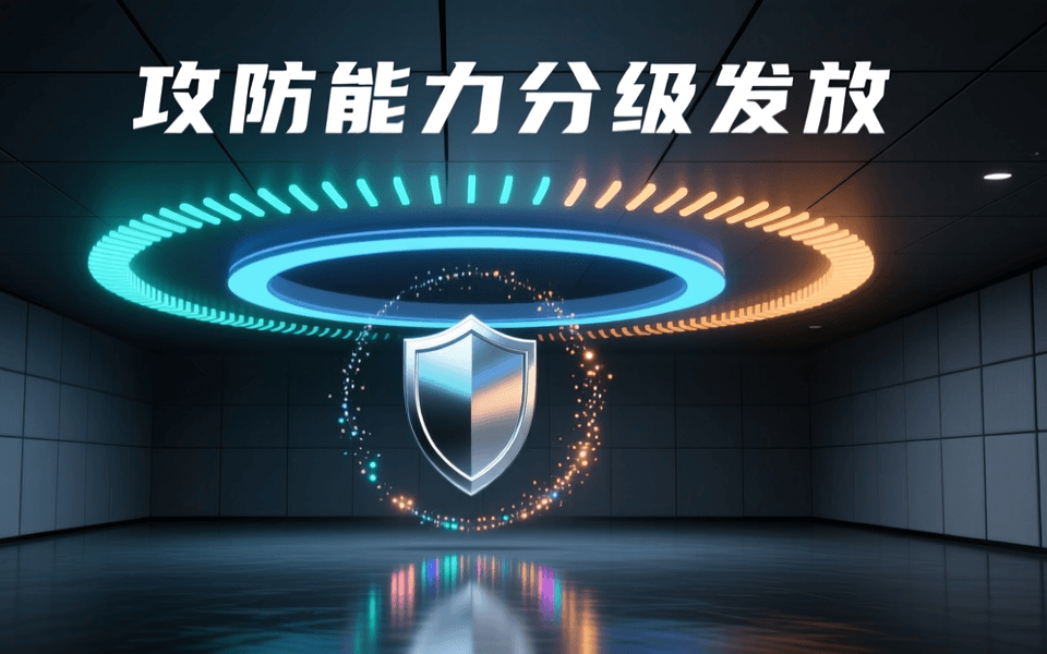 深色安全运营中心中悬浮的三层同心发光圆环,最内层为银色盾牌轮廓