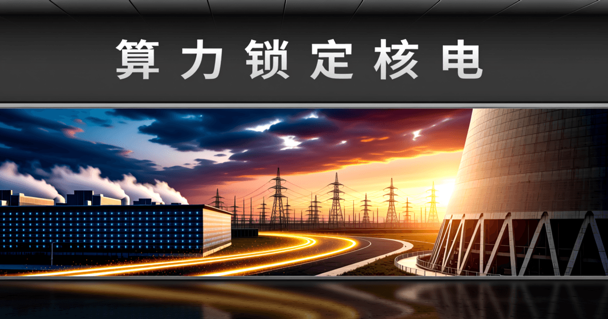 黄昏中的核电站冷却塔与高压输电铁塔,左侧为现代数据中心建筑