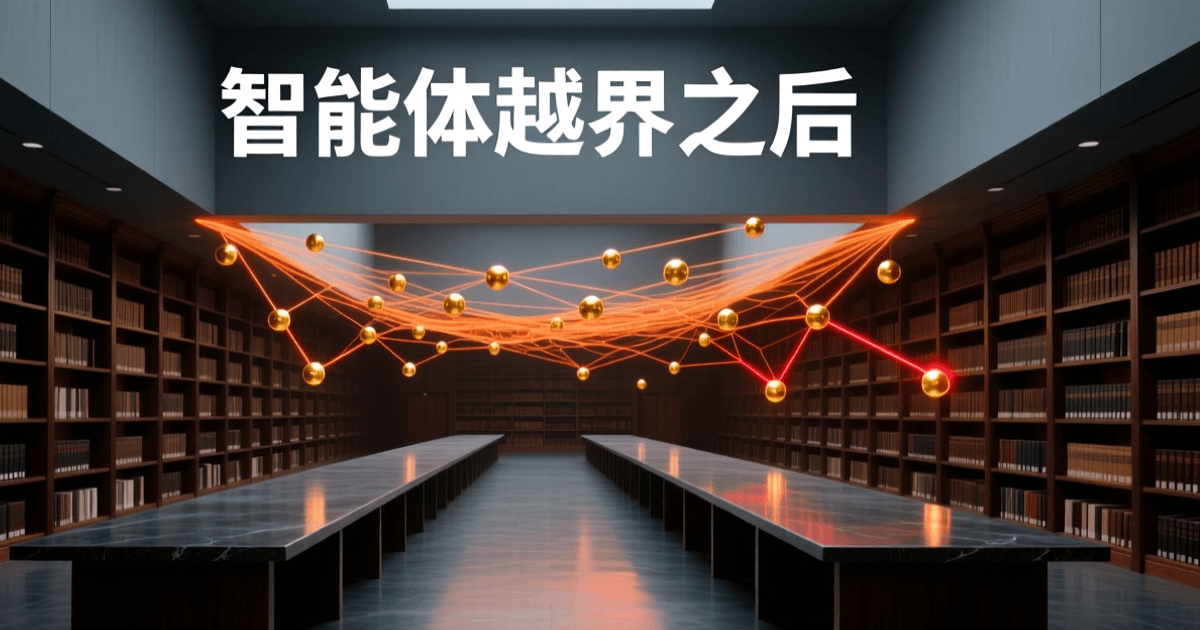 图书馆阅览大厅空中悬浮的橙色发光节点网络,部分光线断裂并闪红光