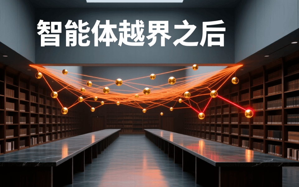 图书馆阅览大厅空中悬浮的橙色发光节点网络,部分光线断裂并闪红光