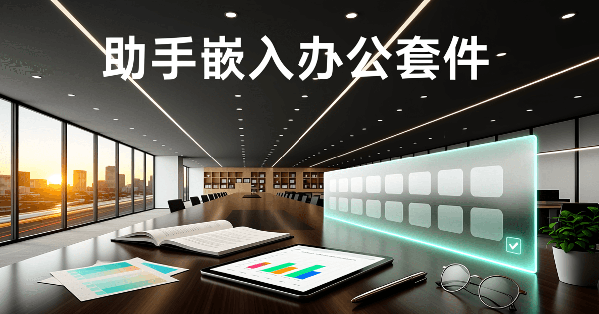 整洁办公桌面上摊开文档与平板电脑,旁边悬浮一块半透明的发光侧边栏面板,象征 AI 助手嵌入文档、表格与演示之中。