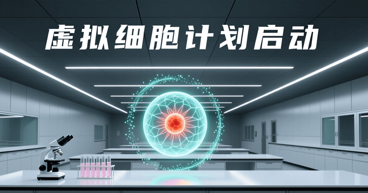 明亮的生物实验室中,实验台上方悬浮着半透明的发光细胞模型,周围环绕分子数据光环与显微镜轮廓,象征用 AI 构建可预测的虚拟细胞。