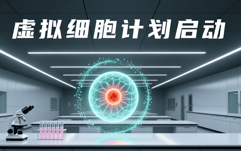 明亮的生物实验室中,实验台上方悬浮着半透明的发光细胞模型,周围环绕分子数据光环与显微镜轮廓,象征用 AI 构建可预测的虚拟细胞。