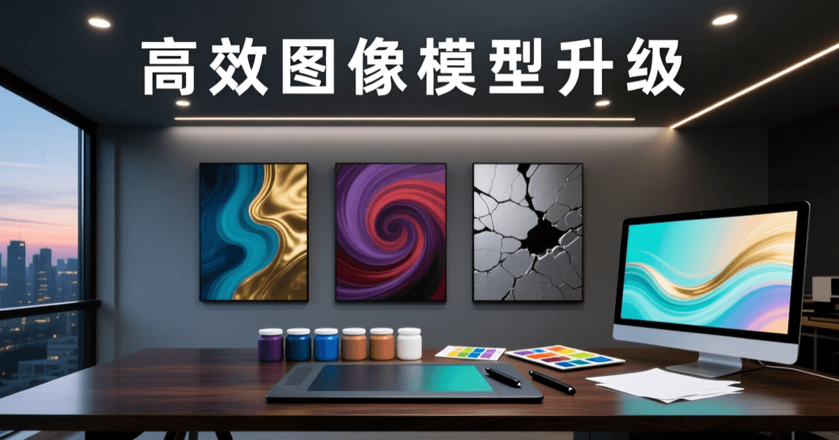 明亮创作工作室中,数位板与显示器上呈现抽象多彩的生成式图像,一旁摆放色卡与画笔,暗示图像生成与对话式修图升级。