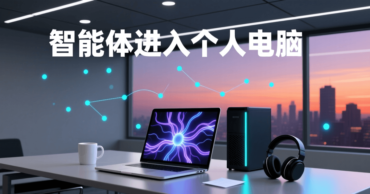 现代办公桌面上摆放一台轻薄笔记本与小型台式主机,机身散发柔和蓝光,周围悬浮微光节点,象征智能体在个人电脑上本地运行。