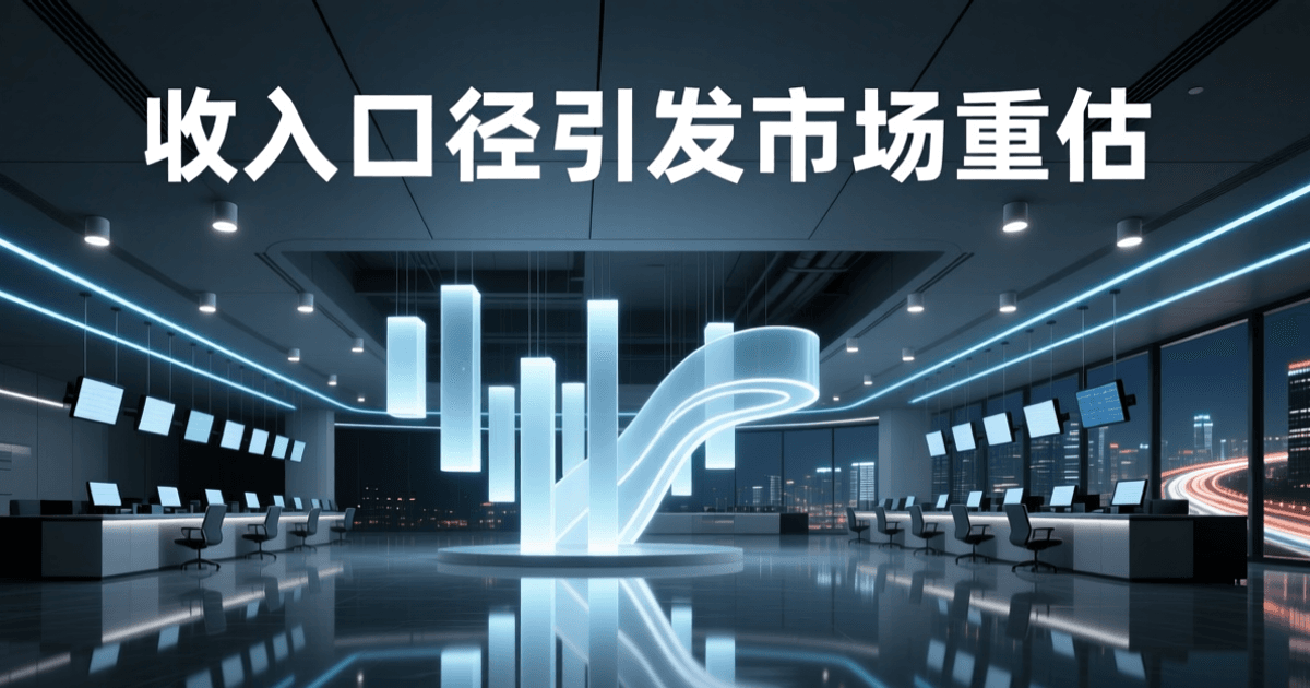 夜间现代金融交易大厅,中央悬浮由发光柱状与曲线构成的抽象数据可视化结构,成排交易台虚化,落地窗外城市灯火通明