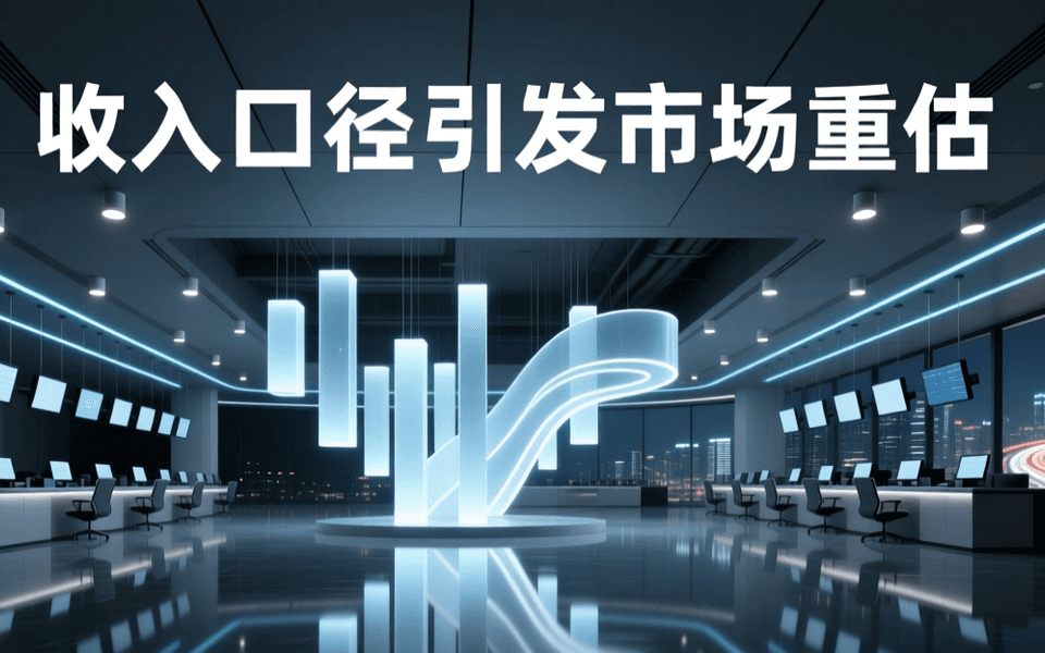 夜间现代金融交易大厅,中央悬浮由发光柱状与曲线构成的抽象数据可视化结构,成排交易台虚化,落地窗外城市灯火通明