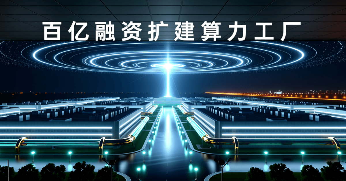 夜色中的大型 AI 数据中心园区俯瞰,成排机房建筑与屋顶冷却机组阵列,发光管道与数据光带汇聚,远处城市灯火与深色夜空