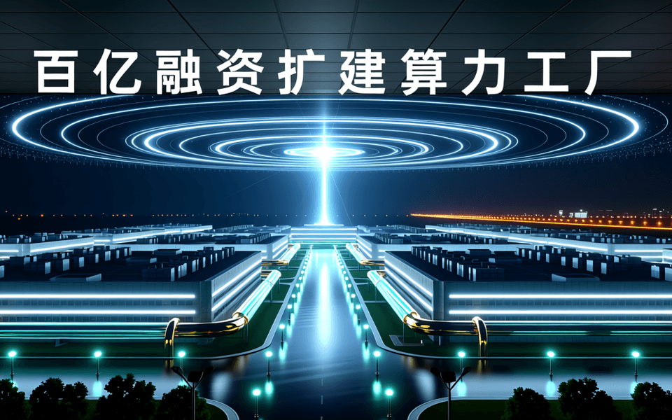 夜色中的大型 AI 数据中心园区俯瞰,成排机房建筑与屋顶冷却机组阵列,发光管道与数据光带汇聚,远处城市灯火与深色夜空