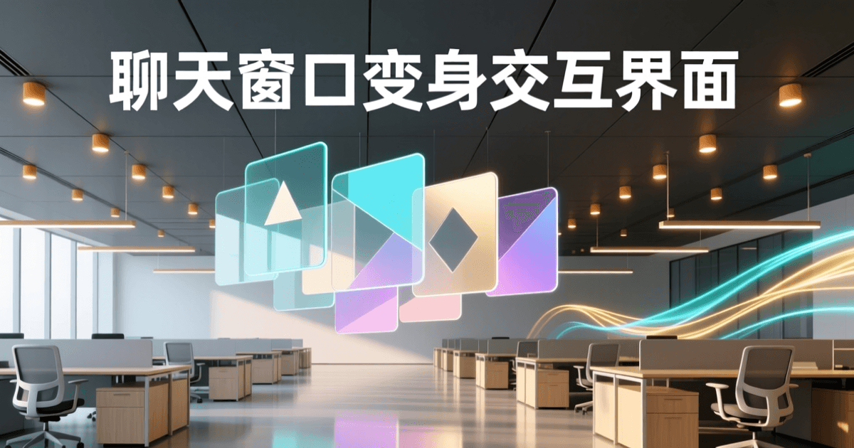 明亮开放式办公区中悬浮着多层半透明发光交互面板阵列,暖色筒灯与青金色数据光带交汇,象征交互式智能界面