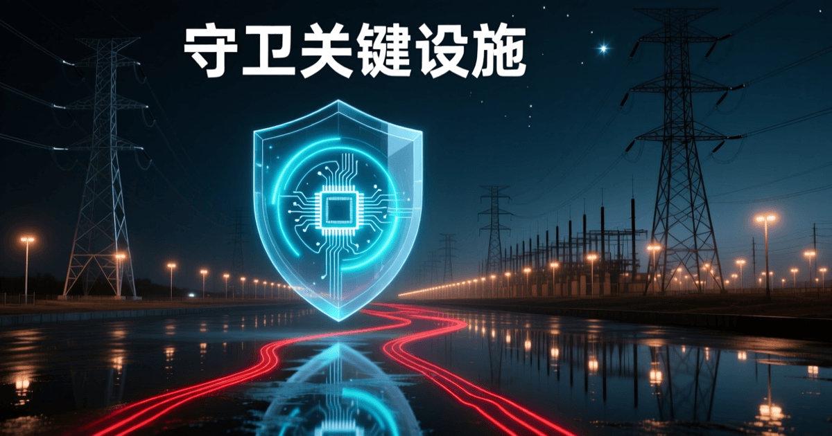 夜色中的变电站与输电线塔,中央悬浮半透明盾牌内含芯片晶格,配中文标题「守卫关键设施」