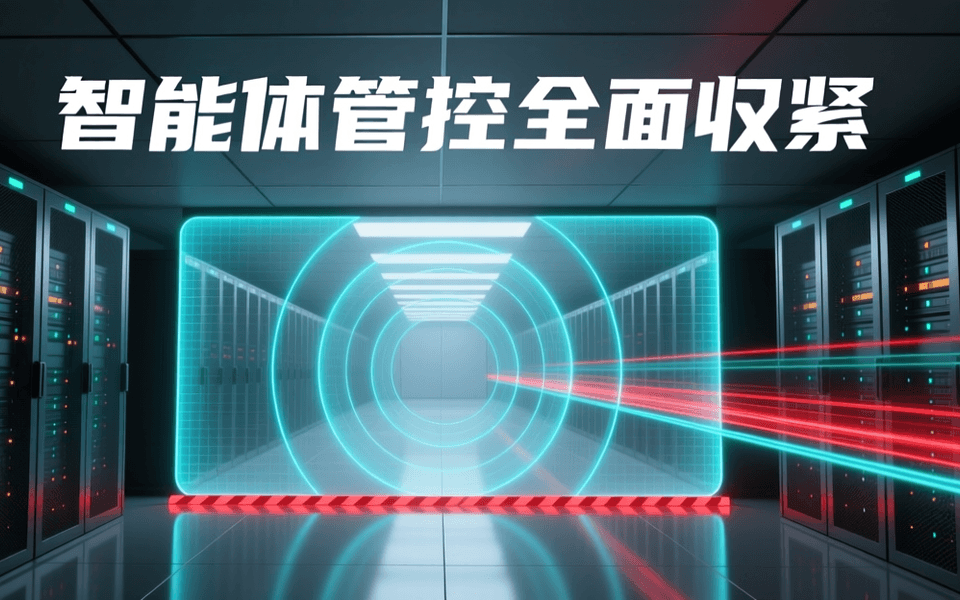 数据中心冷通道中悬浮一道半透明发光隔离屏障,红色警示光带与青色扫描光环环绕,象征对 AI 智能体行为的管控收紧