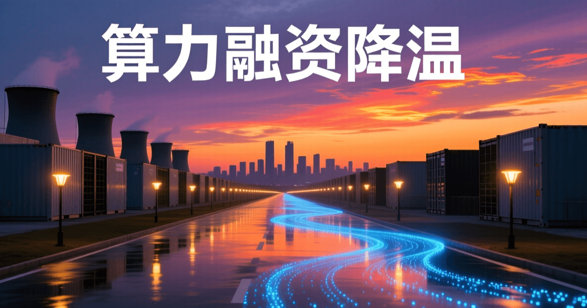 黄昏数据中心园区外景,集装箱式机房与冷却塔延伸至地平线,成排灯柱亮起,配中文标题「算力融资降温」
