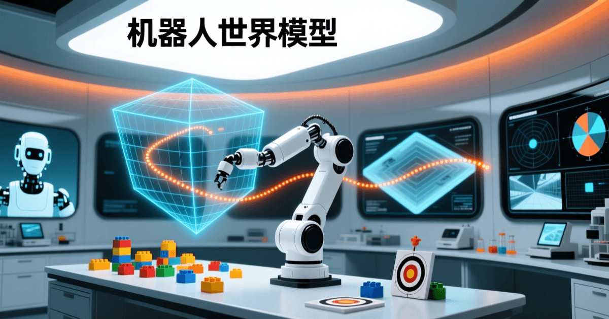 明亮实验室中白色机械臂与彩色积木,上方悬浮预测轨迹光点网格,配中文标题「机器人世界模型」