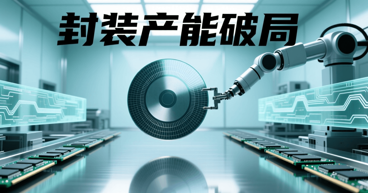 半导体洁净室内机械臂夹持圆形硅晶圆,周围环绕内存条与封装基板,配中文标题「封装产能破局」