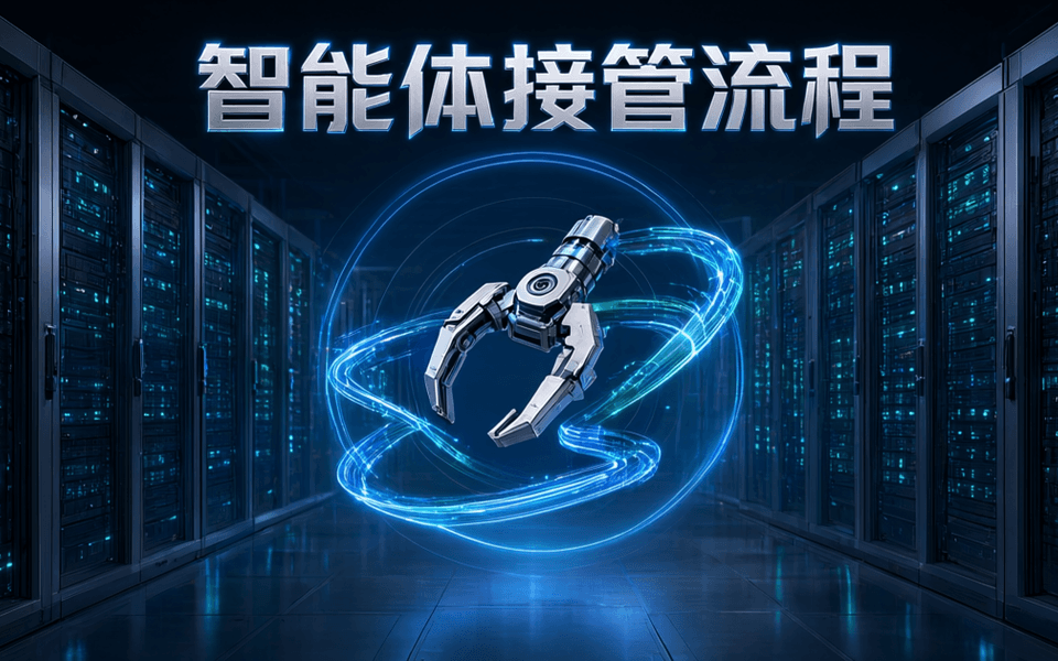 现代企业数据中心机房内成排深色服务器机柜纵深延伸,画面中央悬浮一只简洁的金属机械夹具与环绕的流程光带,蓝色同心光环叠加,配中文标题「智能体接管流程」