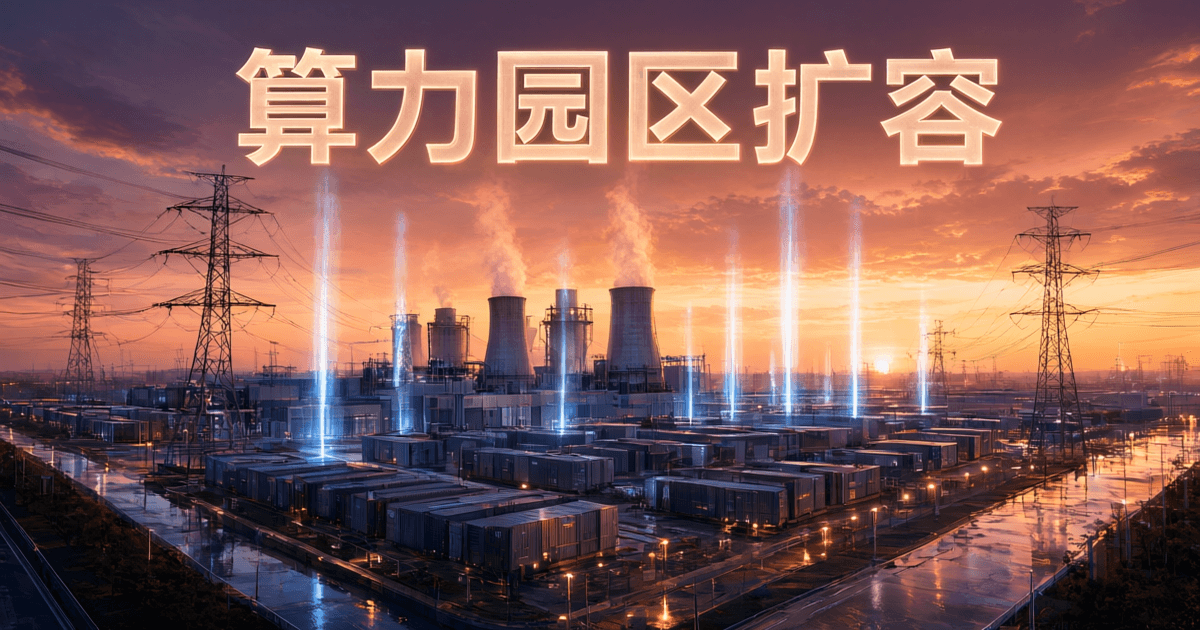 黄昏时分的数据中心园区外景,成排集装箱式机房与竖向冷却塔延伸至地平线,高压输电塔与电线连向远方,竖向自发光光柱拔地而起,配中文标题「算力园区扩容」