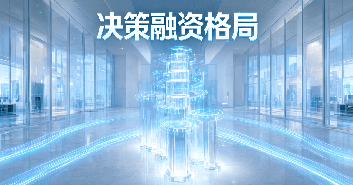 明亮现代办公大厅内一排台阶式上升的发光柱体阶梯,柱顶悬浮一圈校准概率刻度,蓝色与青色数据流光沿地面汇聚,配中文标题「决策融资格局」