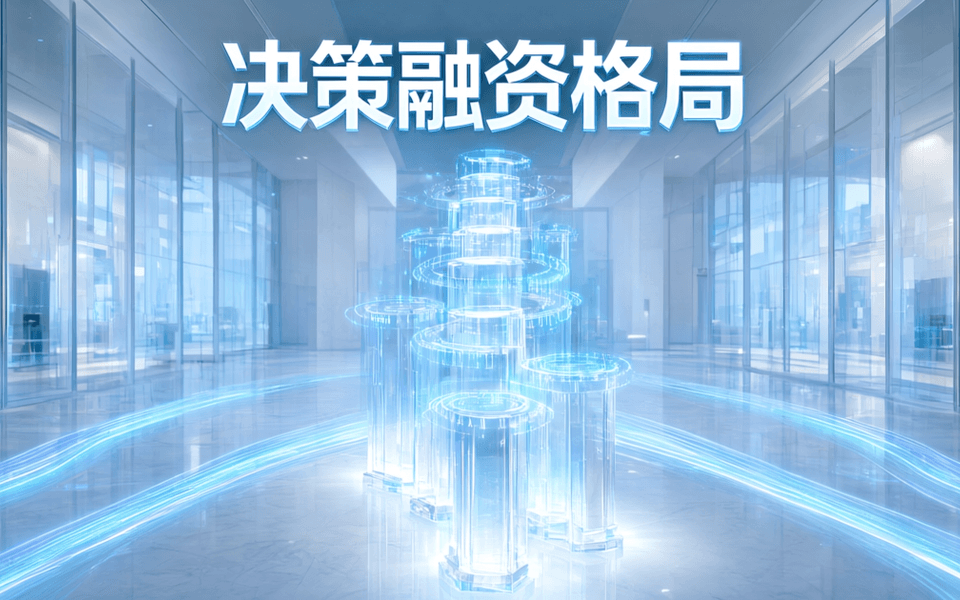 明亮现代办公大厅内一排台阶式上升的发光柱体阶梯,柱顶悬浮一圈校准概率刻度,蓝色与青色数据流光沿地面汇聚,配中文标题「决策融资格局」